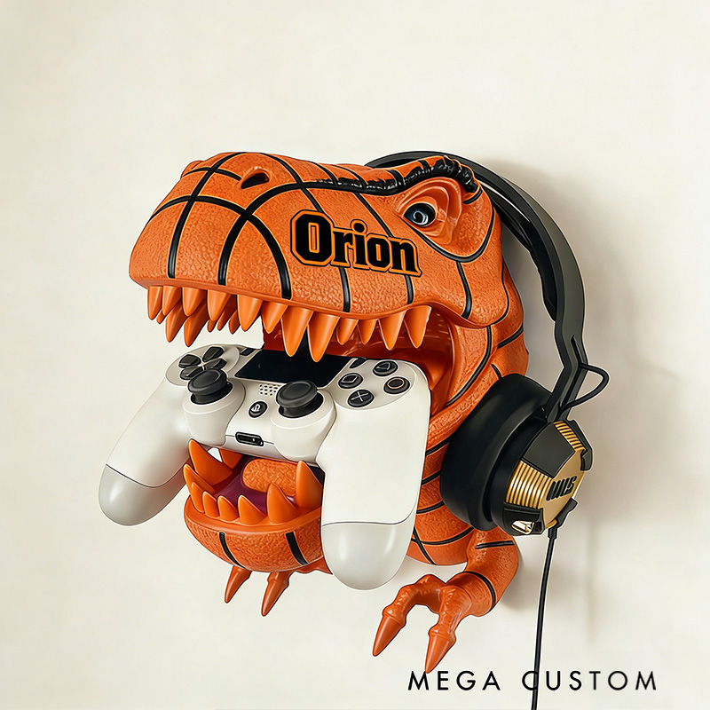 Personalized Basketball Design Dinosaur Wall Mounted Headphones and Controller Holder for Basketball Fans 