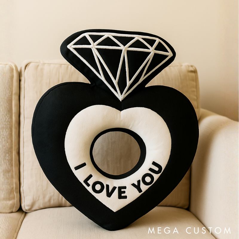 Personalized Heart-Shaped Ring Throw Pillow Custom Name Pillow with Diamond Design Romantic Gift for Couples Weddings and Anniversaries