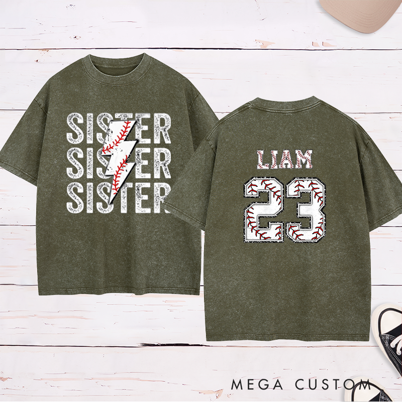 Personalized Baseball Sister Washed T-Shirt with Lightning Stitch Design and Custom Name and Number