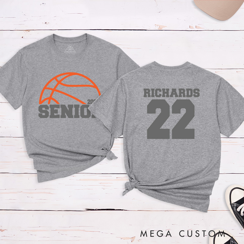 Personalized Senior Basketball T-Shirt with Custom Name, Jersey Number, Year, and School Spirit Campus Style Design