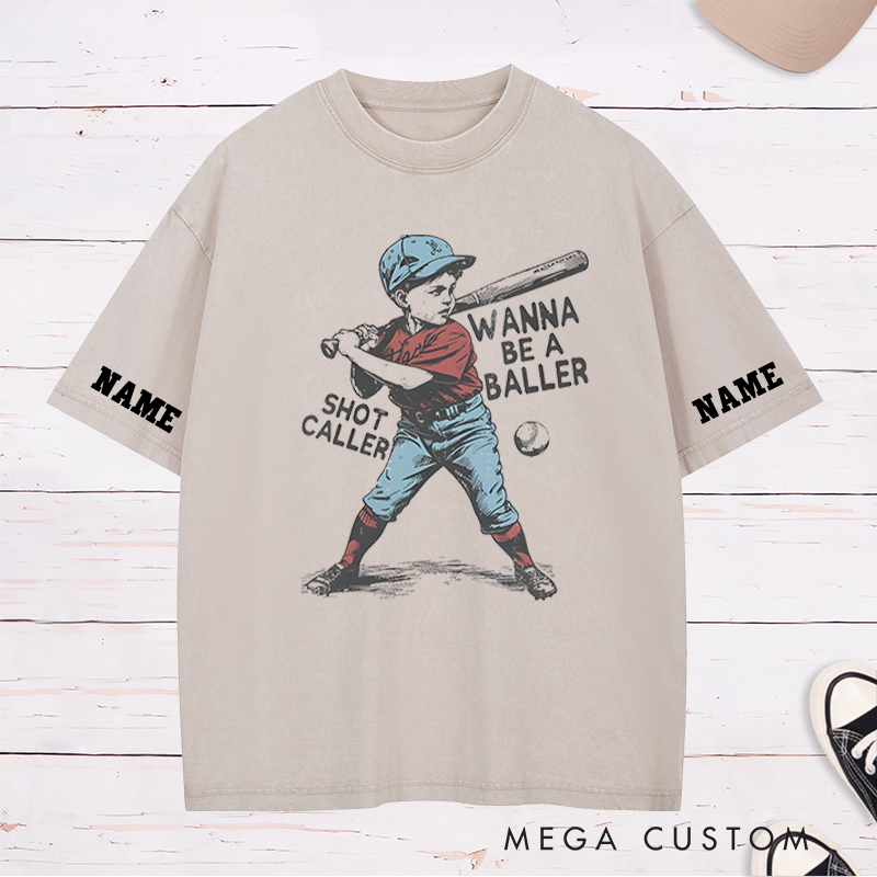 Personalized "Wanna Be a Baller" Vintage Baseball Washed T-Shirt with Custom Name and Number 