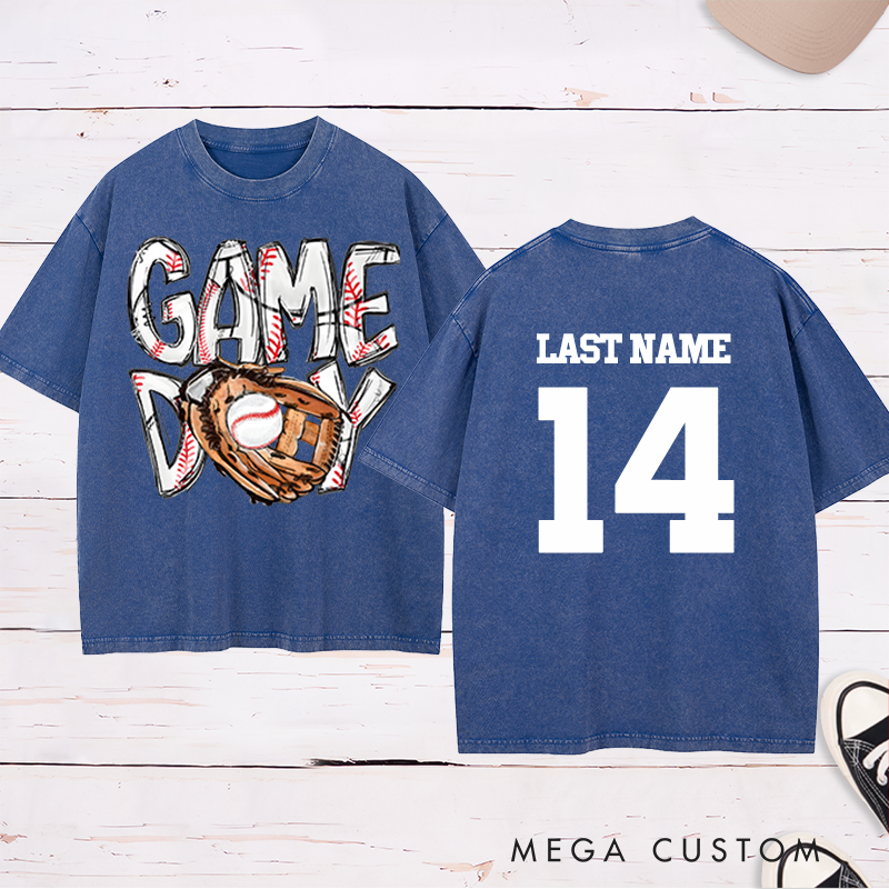 Personalized "Game Day" Baseball Washed T-Shirt with Custom Name and Number 