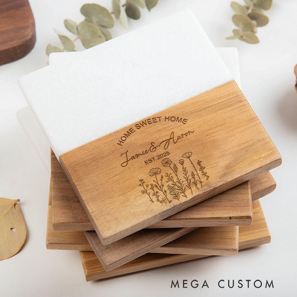 Personalized Marble And Wood Coaster Home Sweet Home Floral Coaster Wedding Housewarming Gift Engraved Engagement Gift for Couple New Home Gift