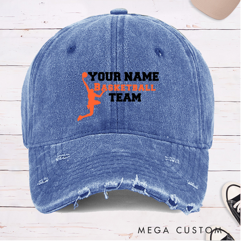 Personalized Distressed Denim Basketball Cap with Custom Name and Team Name Design