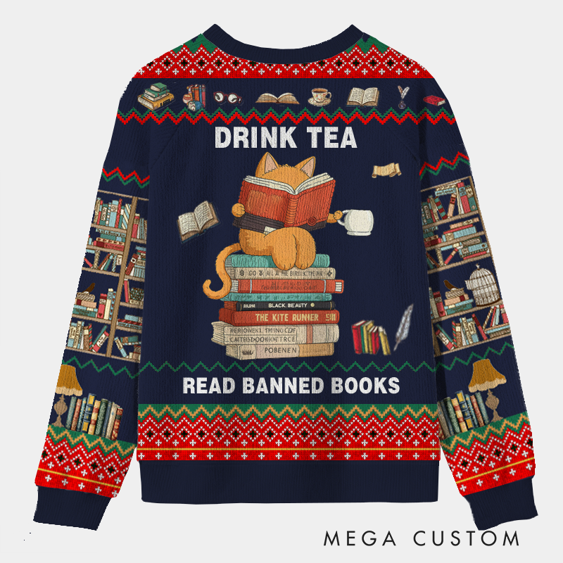 Personalized Rebel Reader Tea Time Ugly Sweater Holiday Gift for Librarians