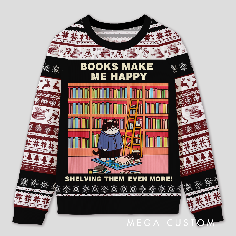 Personalized Hilarious Cat Rearranging Bookshelves Ugly Sweater Holiday Gift for Cat-Loving Book Loves