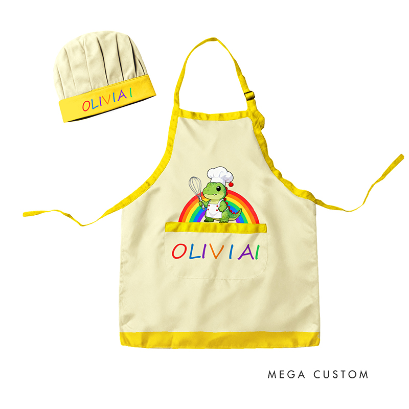 Personalized Rainbow Dinosaur Adjustable Kid Apron Chef Hat Set with Pocket and Name for Cooking Baking Birthday Holiday Gift for Kids