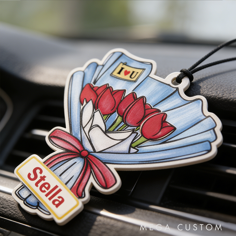 Personalized Cartoon Rose Bouquet Keychain Engraved Keychain Romantic Gift for Couples