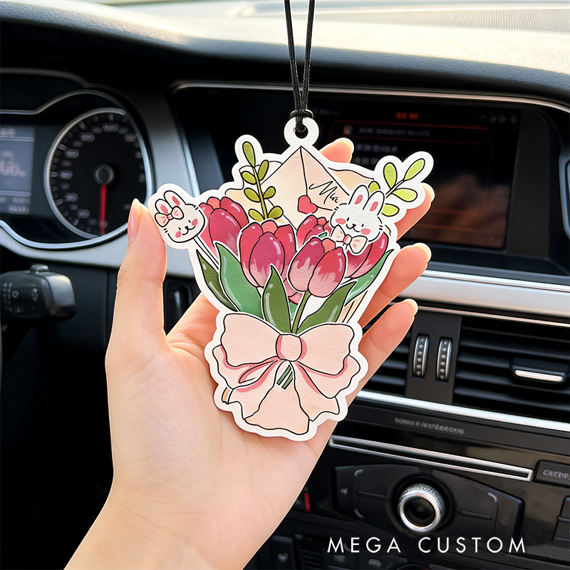 Personalized Rabbit Tulip Flower Keychain Engraved Keychain Whimsical Gift for Partners Romantic Holiday Present