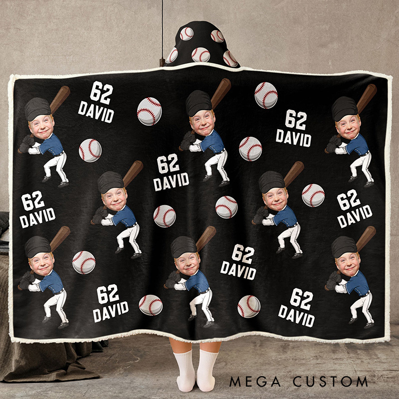 Personalized Photo Wearable Blanket Hoodie with Custom Kid Face Funny Softball and Baseball