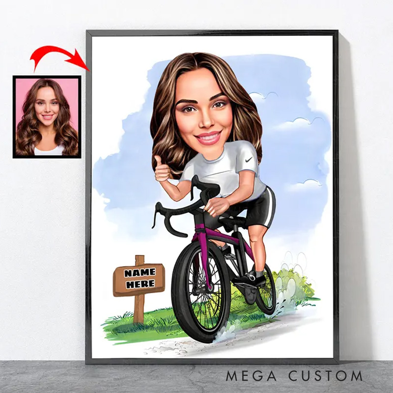 Personalized Cartoon Cyclist Portrait Biker Bicycle Cycle Cycling Art Poster Gifts for Cycling Riding Lovers