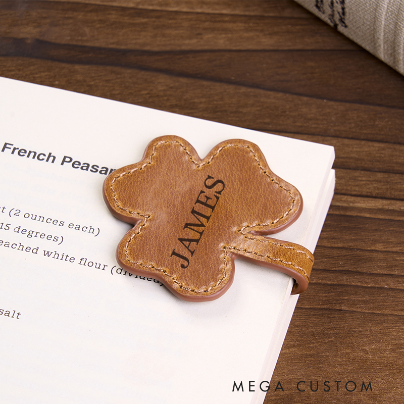 Personalized Leather Shamrock Bookmark Custom Name Engraved Page Marker Lucky Gift for Readers Lucky Charms Leather Accessories Book Accessory  