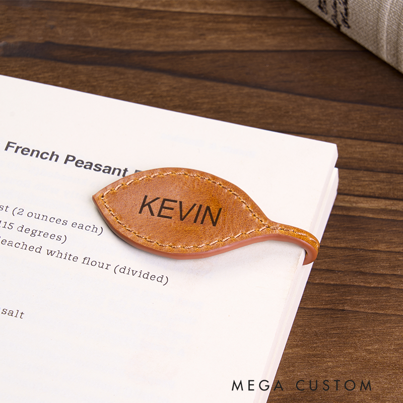 Personalized Leather Bookmark Leaf Shaped Bookmark Custom Name Engraved Page Marker Elegant Gift for Nature Lovers and Readers Unique Handmade Rustic Accessory