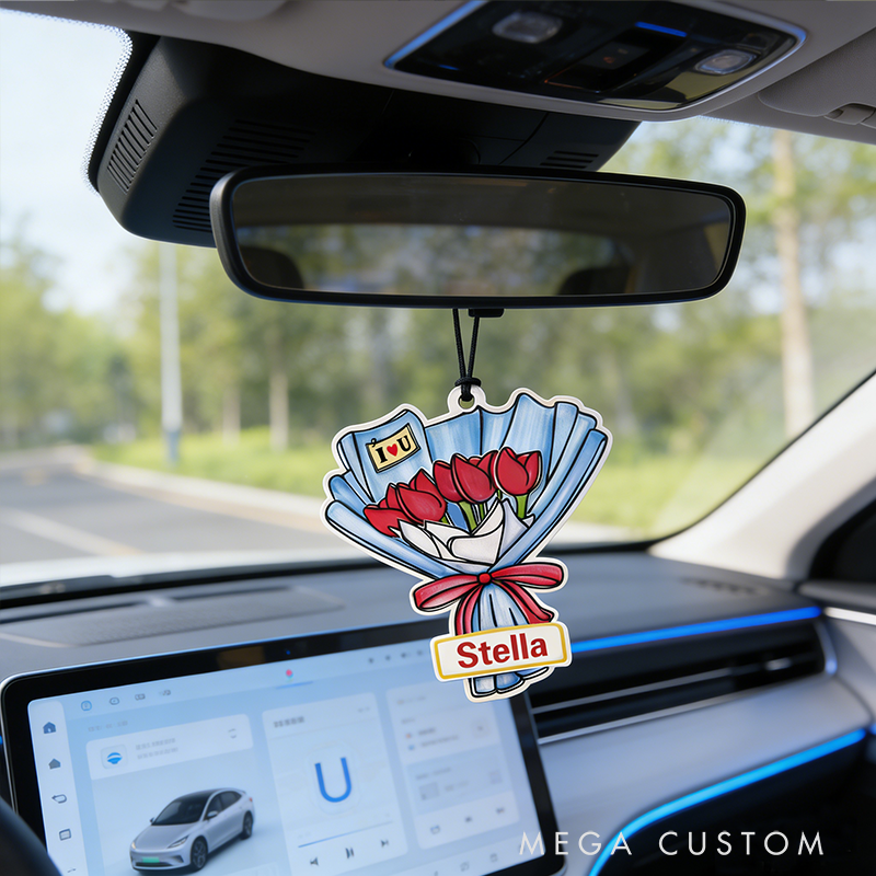 Personalized Cartoon Rose Bouquet Keychain Engraved Keychain Romantic Gift for Couples