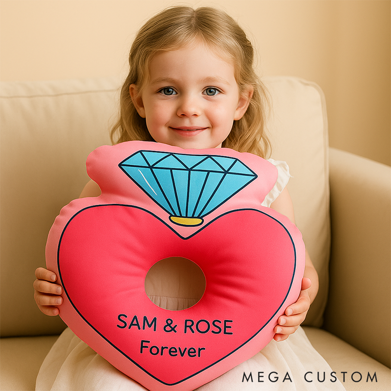 Personalized Heart-Shaped Ring Throw Pillow Custom Name Pillow with Diamond Design Romantic Gift for Couples Weddings and Anniversaries