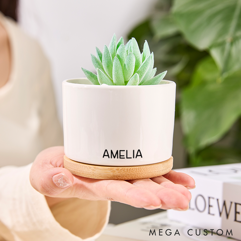 Personalized Flower Pot with Name Custom Gifts for Plant Lovers Home Office Decor Minimalist Plant Pot with Bamboo Tray