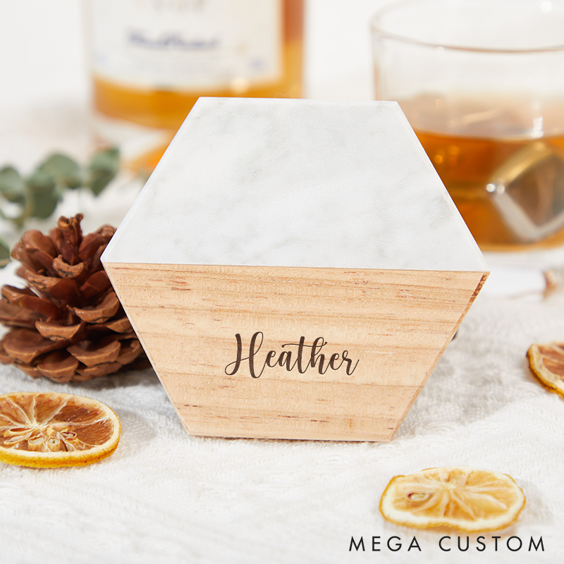 Personalized Wooden and Marble Coasters Custom Coasters with Name Engraved Wood Coaster Gift for Home Decor or Housewarming  