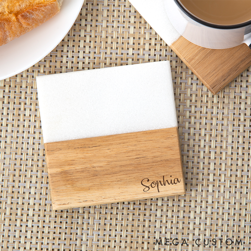 Personalized Wooden and Marble Coasters Custom Coasters with Name Engraved Wood Coaster Gift for Home Decor or Housewarming  
