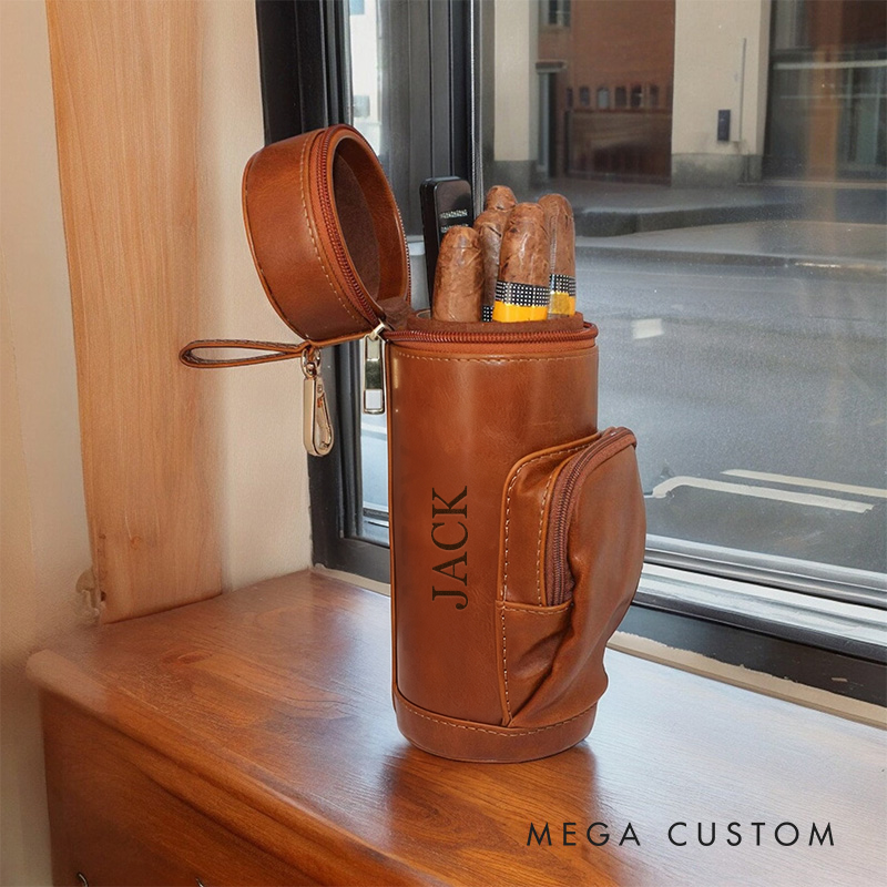 Personalized Leather Cigar Case with Flask Holder Custom Cigar Holder for Him Leather Cigar Case for Men Birthday Gifts for Dad Boyfriend Husband