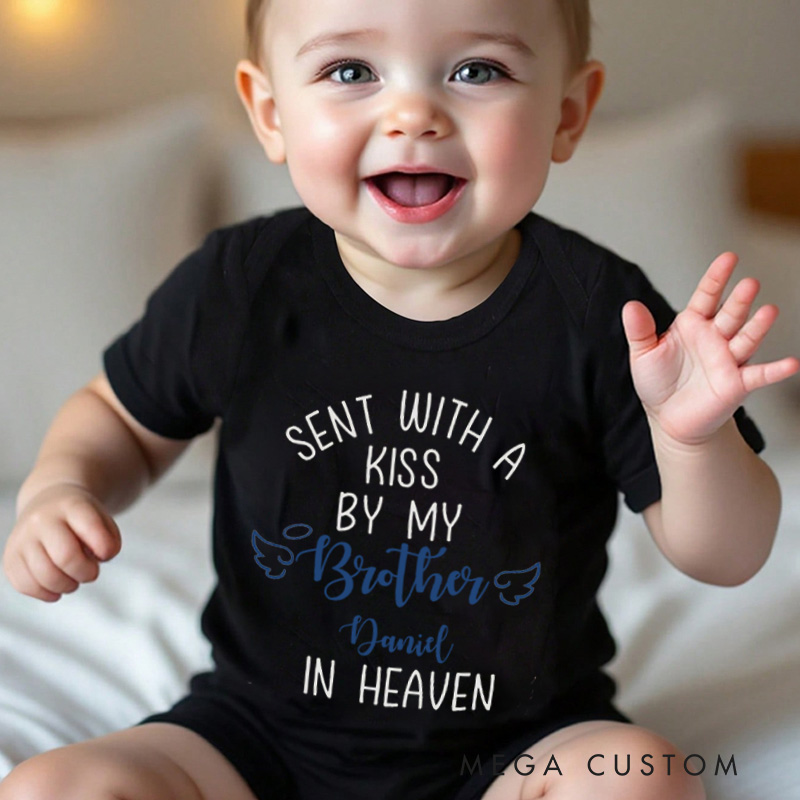 Personalized Sent with A Kiss by My Brother In Heaven Baby Bodysuit In Memory Of Onesie Baby Shower Gift Brother In Heaven Guardian Angel Rainbow Baby