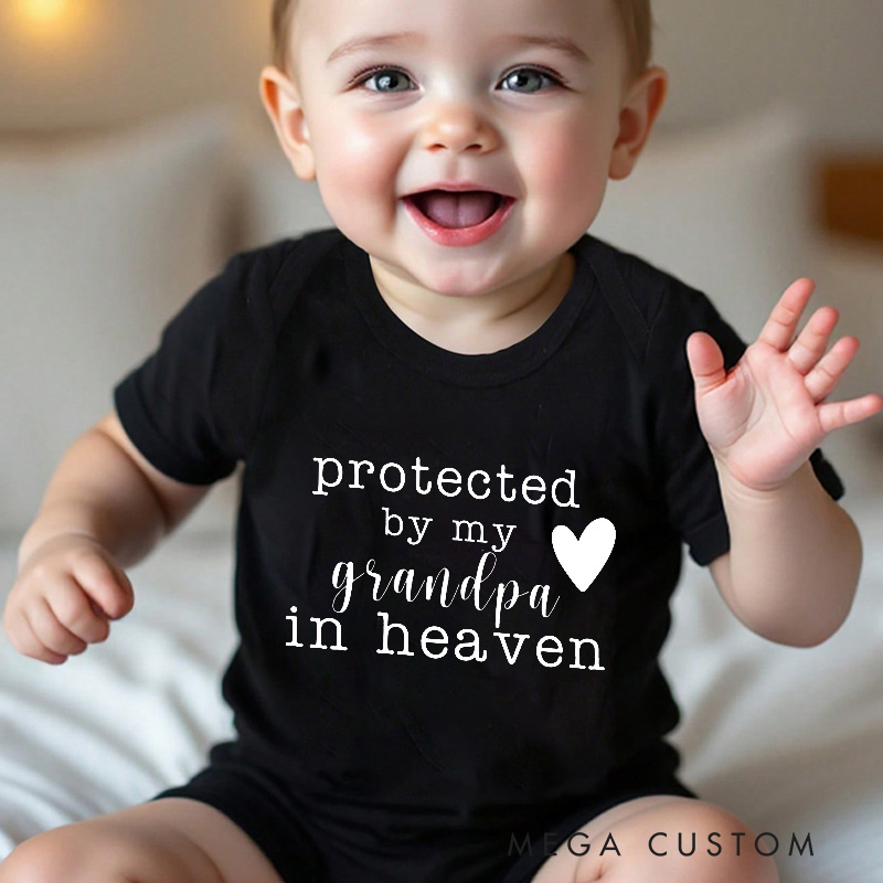 Personalized Protected by My Grandpa Grandma Sister Brother Uncle Aunt in Heaven Onesie Heaven Sent Onesie Baby Announcement Baby Shower Gift Memorial