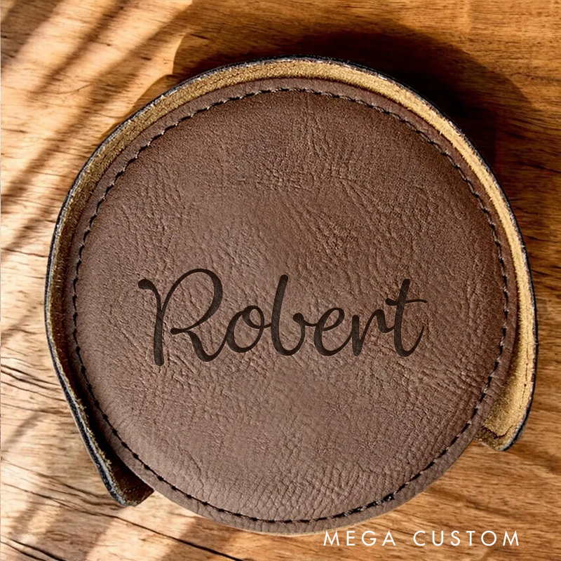 Personalized Leather Coaster with Holder Engraved Coaster with Name Round Leather Coasters Housewarming Gift Wedding Gifts
