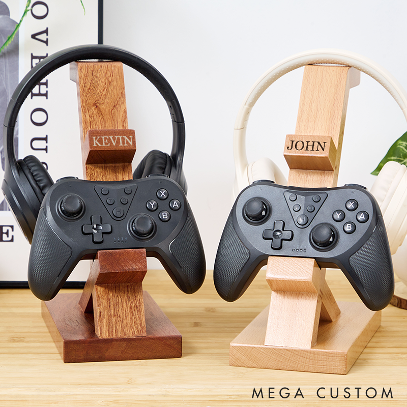 Personalized Wooden Headphones Holder and Controller Stand Engraved Gaming Controller Holder Custom Name Gift for Gamers Lover