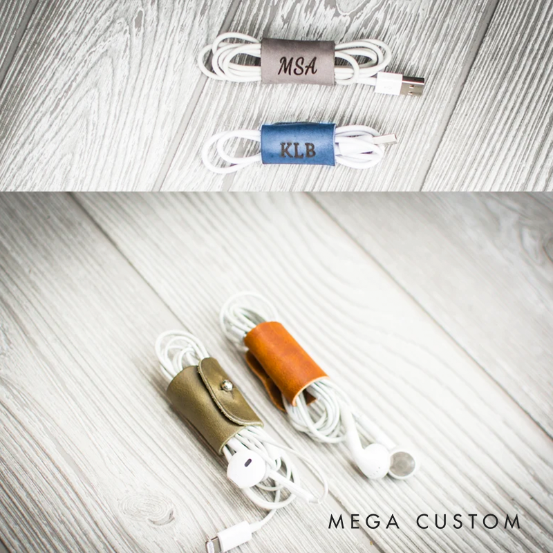 Personalized Leather Cord Keeper Custom Leather Cord Keeper Monogram Cord Wrap Headphone Cord Organizer Monogrammed Gift Mens Gift