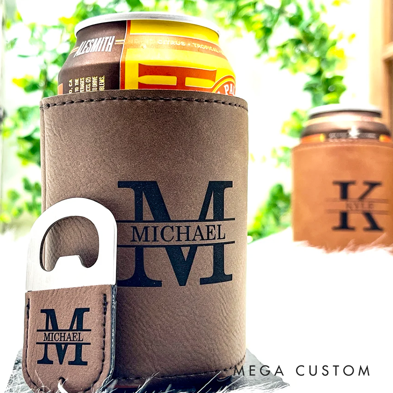 Personalized Can Cooler & Bottle Opener Set Groomsmen Proposal Gift Stocking Stuffer Christmas Gift for Him Custom Gift for Men
