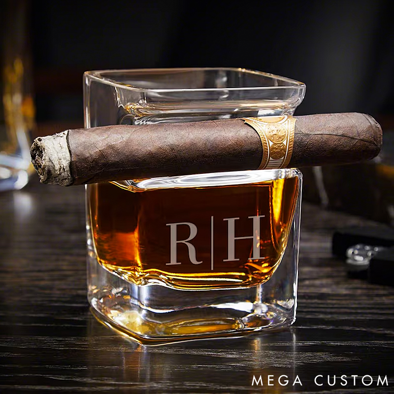 Personalized Bourbon Glass Custom Whiskey Glass with Cigar Holder Engraved Cigar Accessories for Whiskey Lovers