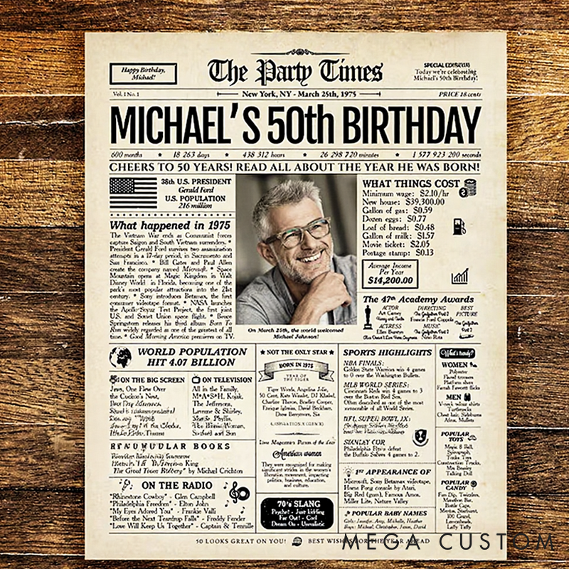 50th Birthday Newspaper Poster Gift for Him or Her Printed or Digital
