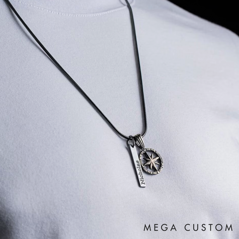 Personalized Sterling Silver Compass Necklace Personalized Engraved Bar Pendant
