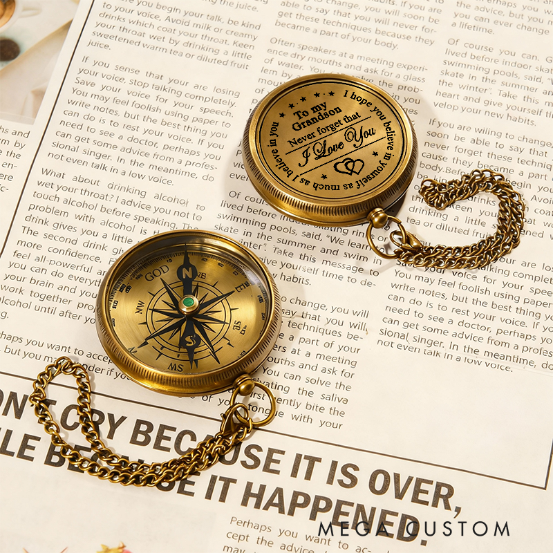 Personalized Brass Compass with Engraved Quote Memory Present to My Grandson for Birthday Baptism Graduation Confirmation Love Gift from Grandpa and Grandma