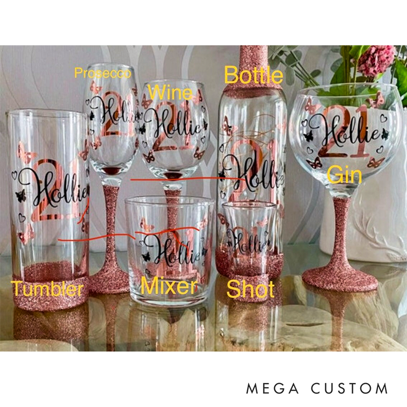 Personalised Glitter Birthday Glass Butterfly Name & Age 18th 21st Gift For Her 30th 40th 50th Lit Bottle Gin Wine