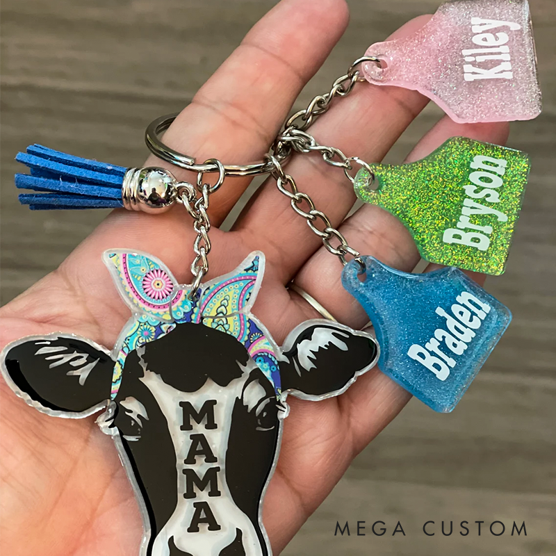 Personalized Keychain Set Cow Keychain Mama with Kids Names Cattle Rancher Gift Cow Farmer Xmas Gifts Christmas Gift for Mom 