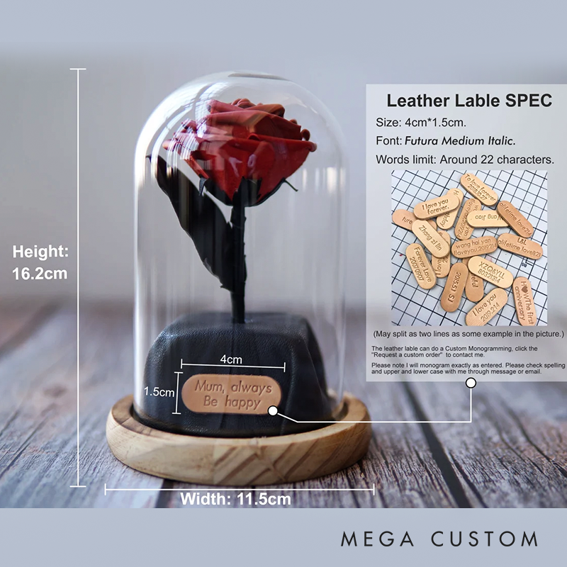 Personalized Leather Forever Rose in Glass Dome Preserved Flower Box Personalized Leather 3rd 5th Anniversary Gifts for Wife Girlfriend Partners Her Him