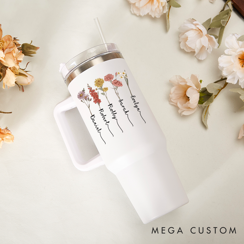 Personalized 40oz Tumbler for Mom Birth Flower Tumbler Custom Name Travel Mug with Straw and Lid Insulated Cup Gifts for Mother