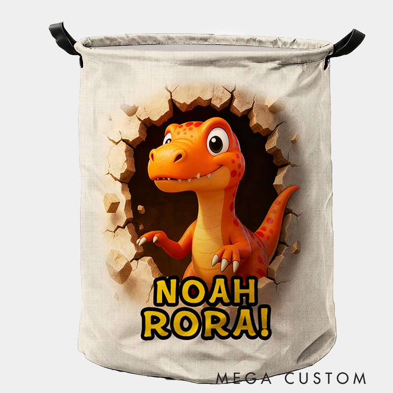 Personalized Dino Blast Adventure Theme Large Waterproof Laundry Hamper with Handle Custom Name Embroidery Kids Holiday Gift