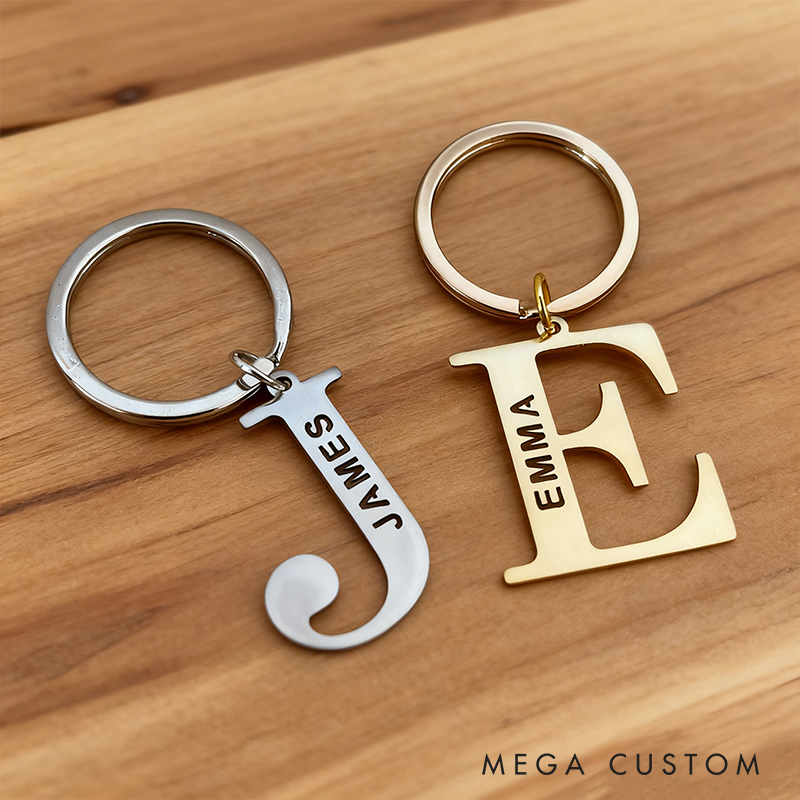 Personalized Name Keychain Custom Initial Metal Key Ring Laser Cut Stainless Steel or Brass