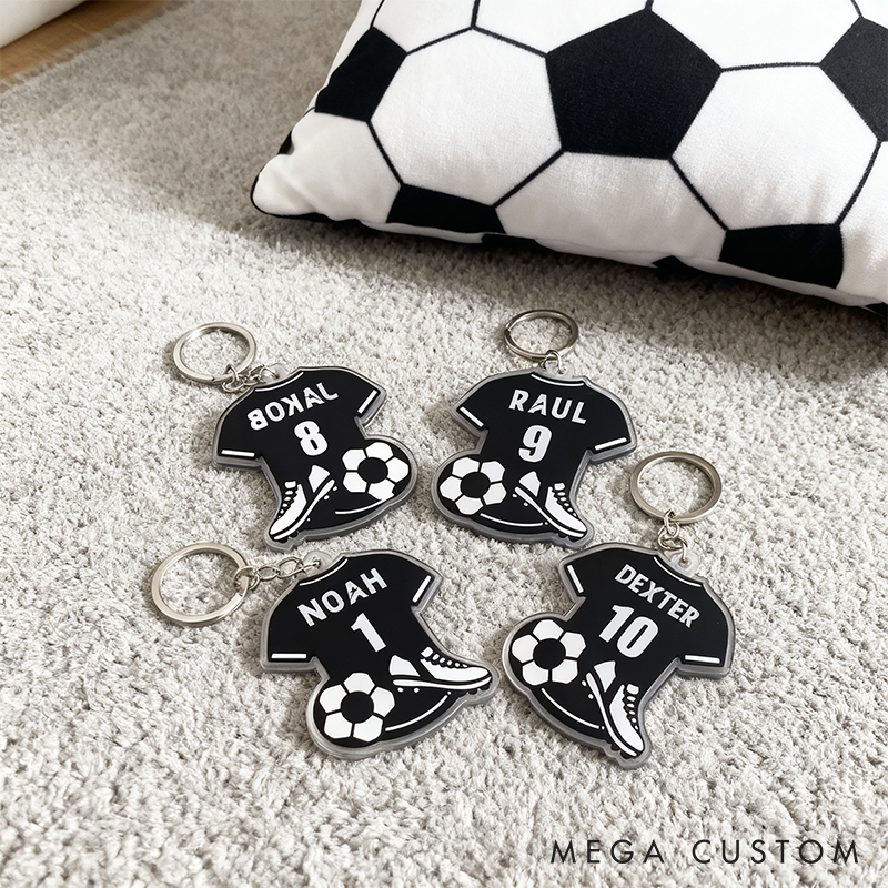 Personalized Soccer Jersey Keychain with Name And Number Featuring Designs of a Soccer Ball And Shoes - a Gift for Soccer Players Fans And Coaches for Birthdays Anniversaries