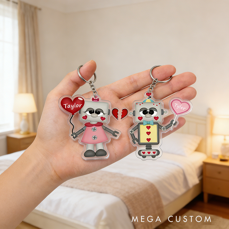 Personalized Love and Robot Keychain Custom Couple Names Unique Holiday Gift for Couples