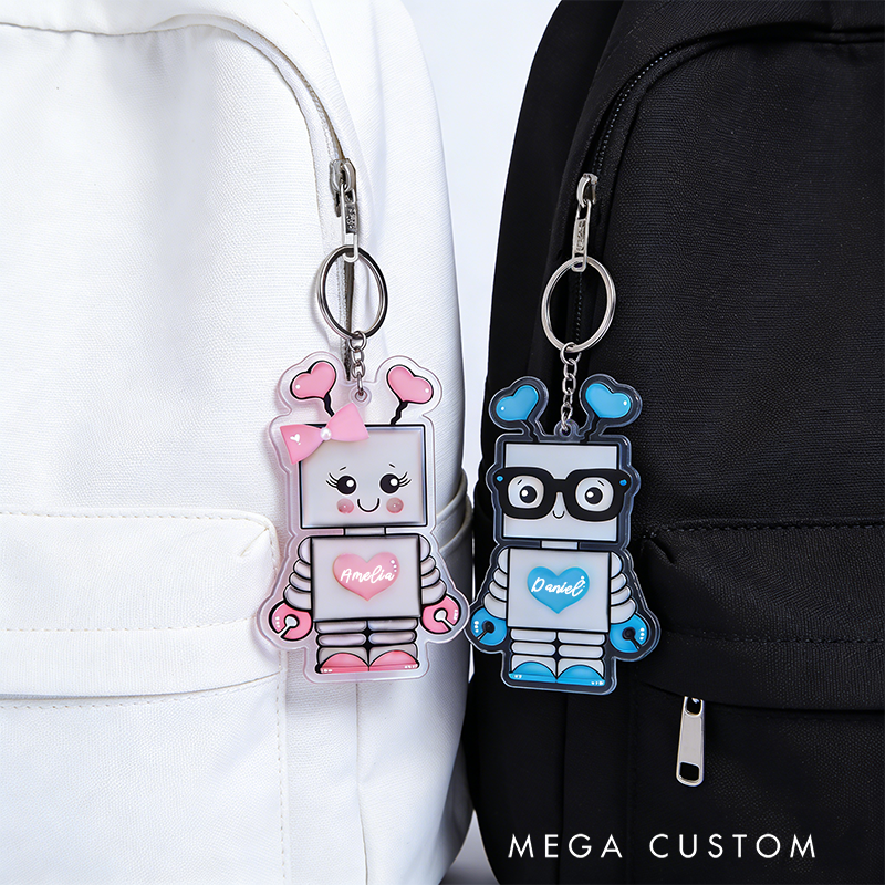 Personalized Cute Robot Couple Keychain Custom Couple Names Adorable Holiday Gift for Couples