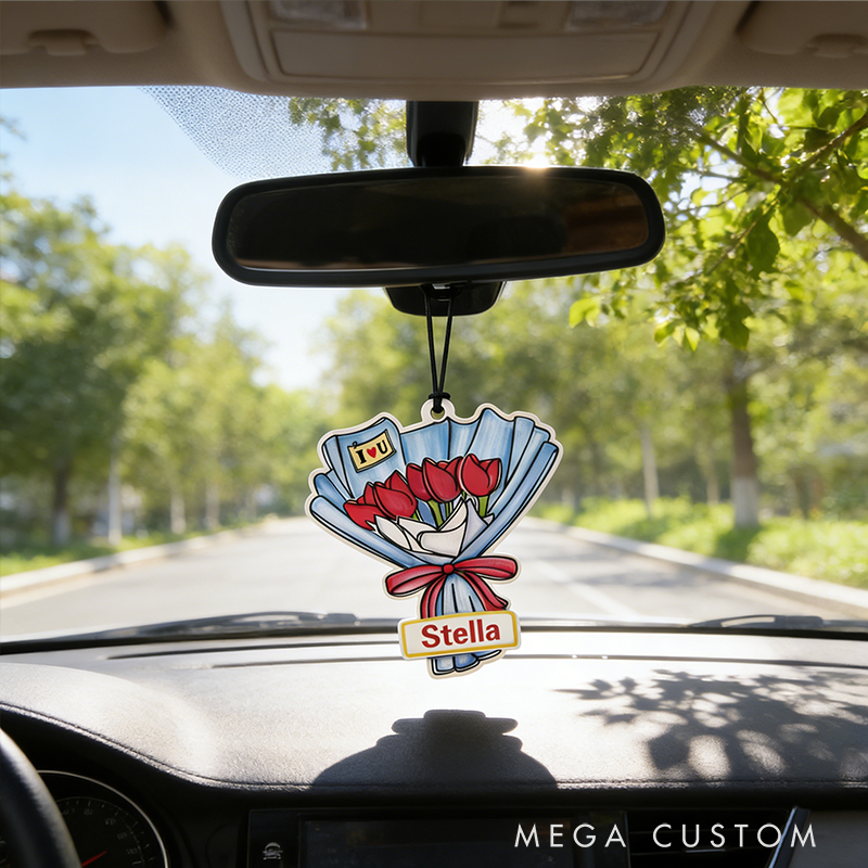 Personalized Cartoon Rose Bouquet Keychain Engraved Keychain Romantic Gift for Couples