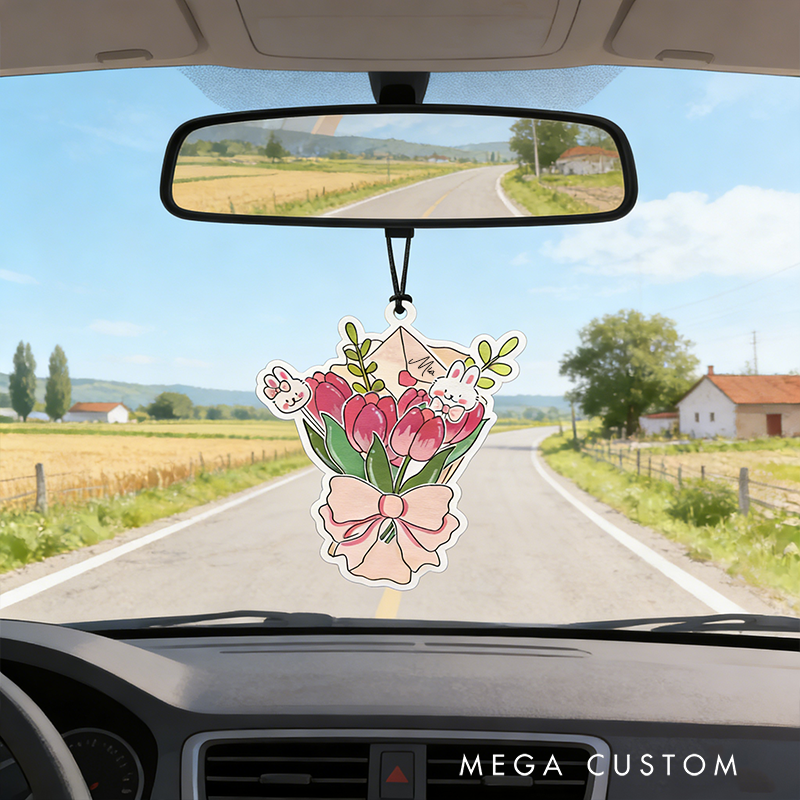 Personalized Rabbit Tulip Flower Keychain Engraved Keychain Whimsical Gift for Partners Romantic Holiday Present