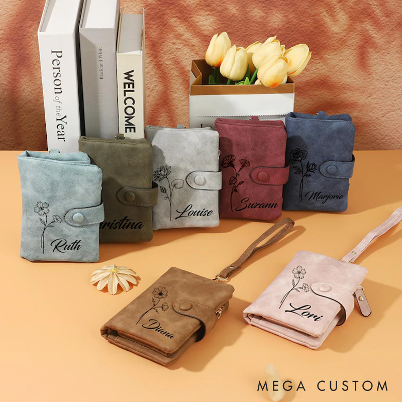 Personalized Birth Flower Wallet for Girls Women Leather Wallet With Name and Birth Flower Birthday Gift for Girlfriend Wife Valentine's Day Gifts