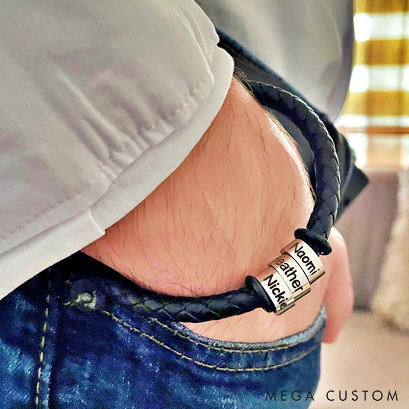 Personalized Mens Leather Bracelet Custom Bead Bracelet Engraved Name Bracelet for Him Gift for Husband Boyfriend
