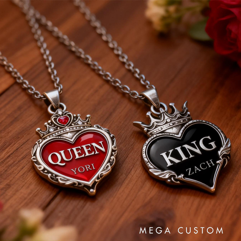 Personalized Couple Necklaces Vintage Royal Crown Heart King & Queen Engravable Name for Romantic Couples and Anniversary Celebrants