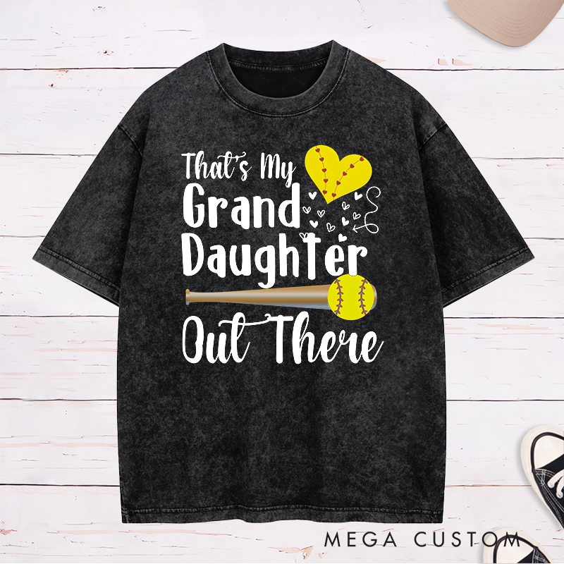 Personalized Softball Support Washed T-Shirt Design Featuring Customizable Text for Granddaughter or Other Titles Bold Typography Heart-Shaped Stitching Graphic Softball Bat and Ball Elements