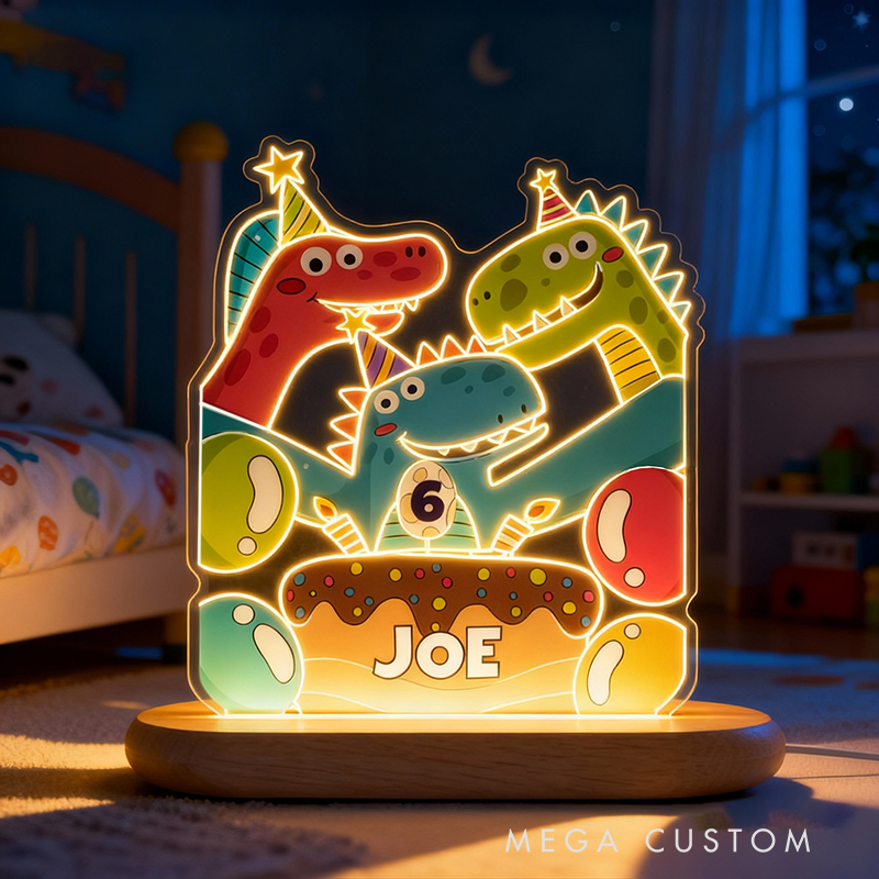 Personalized Cartoon Party Dinosaur Night Light Custom Name and Age Number Birthday Special Occasion Gift for Kids