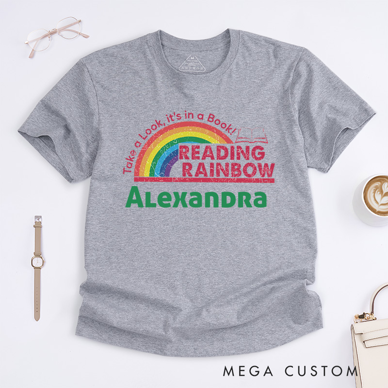 Personalized Reading Rainbow Classic T-shirt for Librarian, Take a Look It's in a Book Shirt Retro Librarian Tee with Name Book Lover Gift